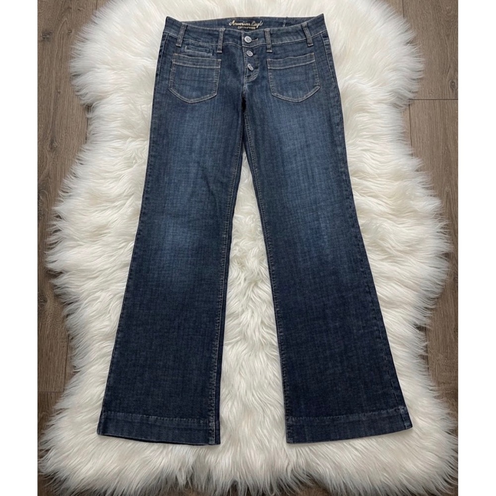 American Eagle Wide Leg Dark Wash Jeans Button Fly Patch Pockets Size 12